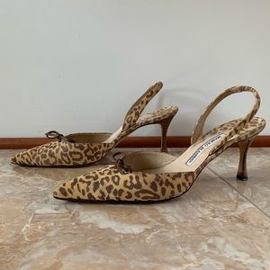 Sandales MANOLO BLAHNIK à Bout Ouvert - Imprimé Léopard Nacré - Taille 40.5 - Talons Hauts - Neuves